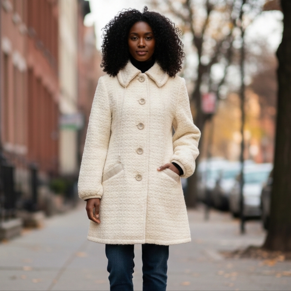 RUDSAK Collection Ivory Textured Wool & Leather Coat XL, Coquette Girl